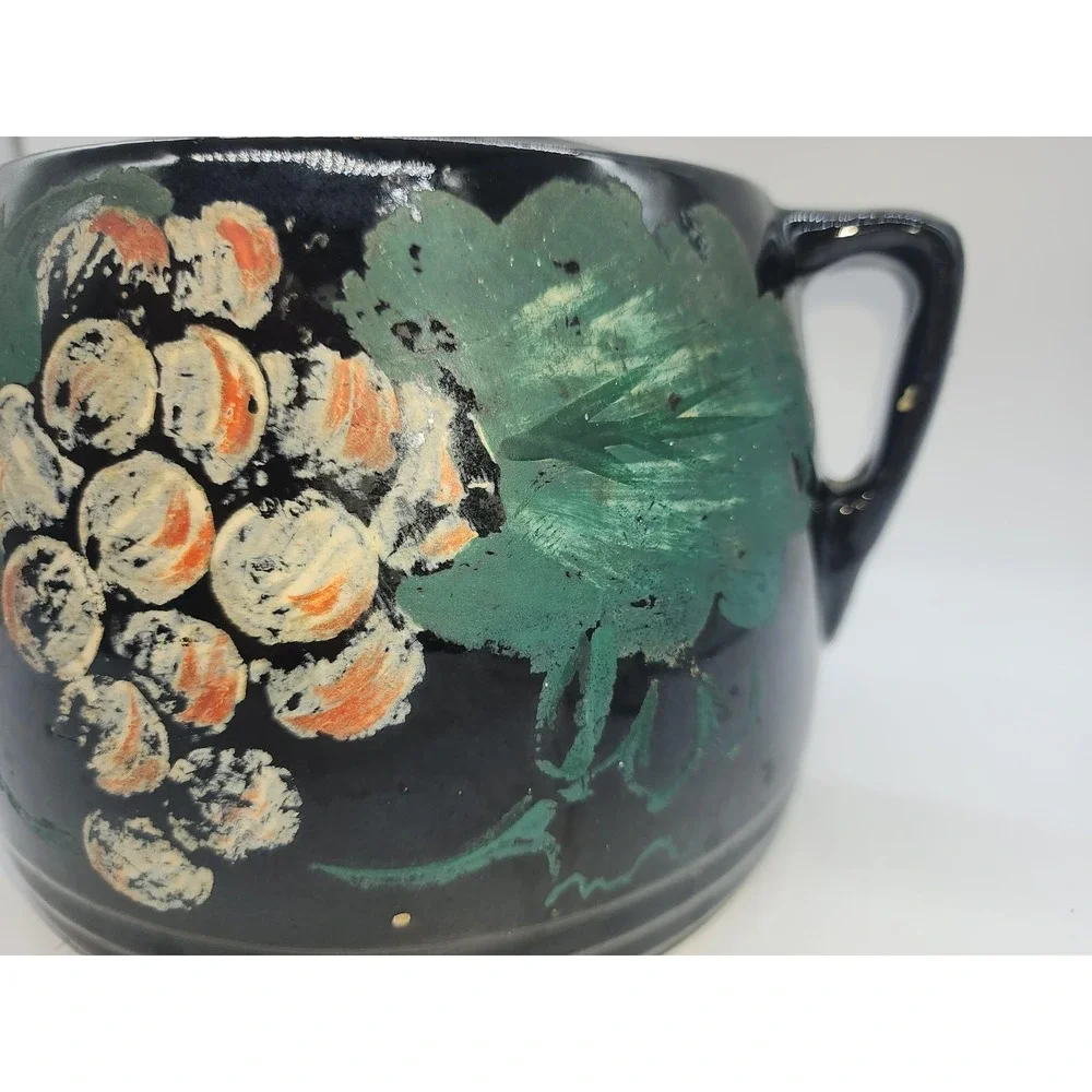 Vintage Black Ceramic Hand Painted Grape Bean Pot Cookie Jar with Lid 2 Handle - Picture 7 of 16